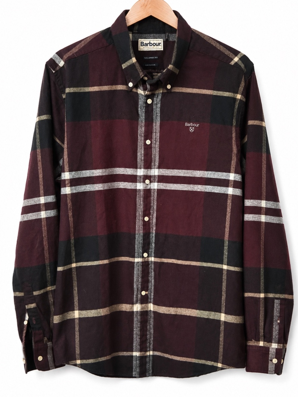 Barbour Tailored Fit Plaid Button Down Shirt Burgundy Black Cotton 100% Cotton L